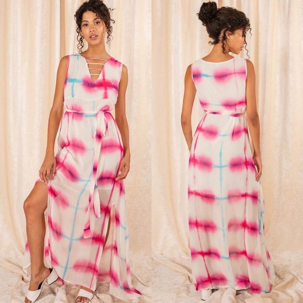 RAGA Beating Hearts Maxi Dress S Pink Blue Tie Dye Slit Boho Resort NWT